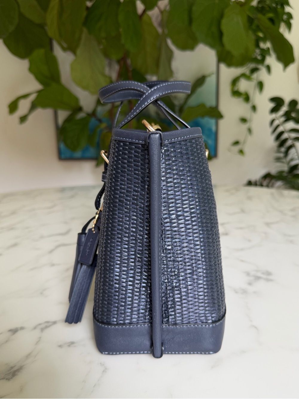NWT Coach CH210 Mollie Tote 25 in Straw & Smooth Leather Midnight Navy Multi - Picture 4 of 16
